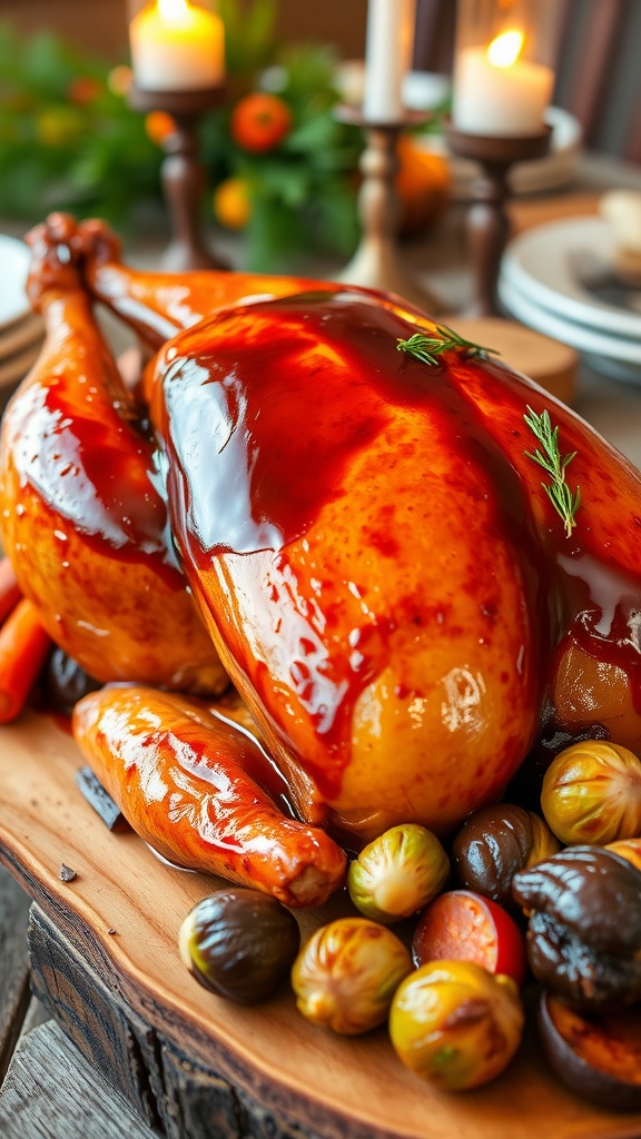 Roasted bourbon-glazed BBQ turkey on a wooden platter, garnished with herbs, surrounded by autumn vegetables on a rustic table.